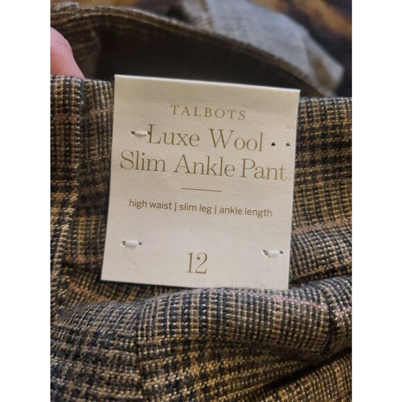 NWT Talbots Pants Women's 12 Brown Plaid Luxe Italian Wool Slim Ankle - Picture 8 of 9